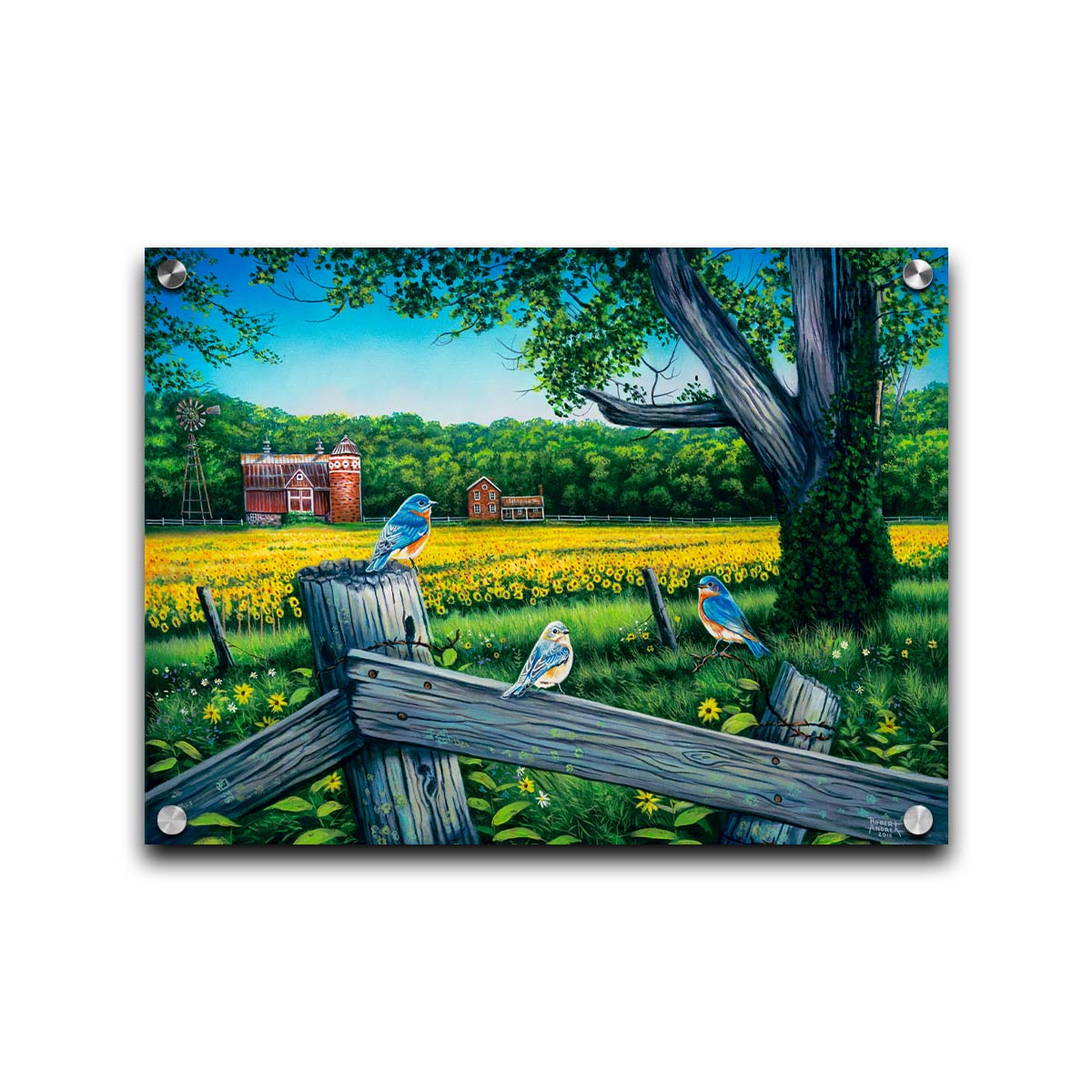 A painting of little blue birds perched on a fench before a field of sunflowers. Printed on acrylic.