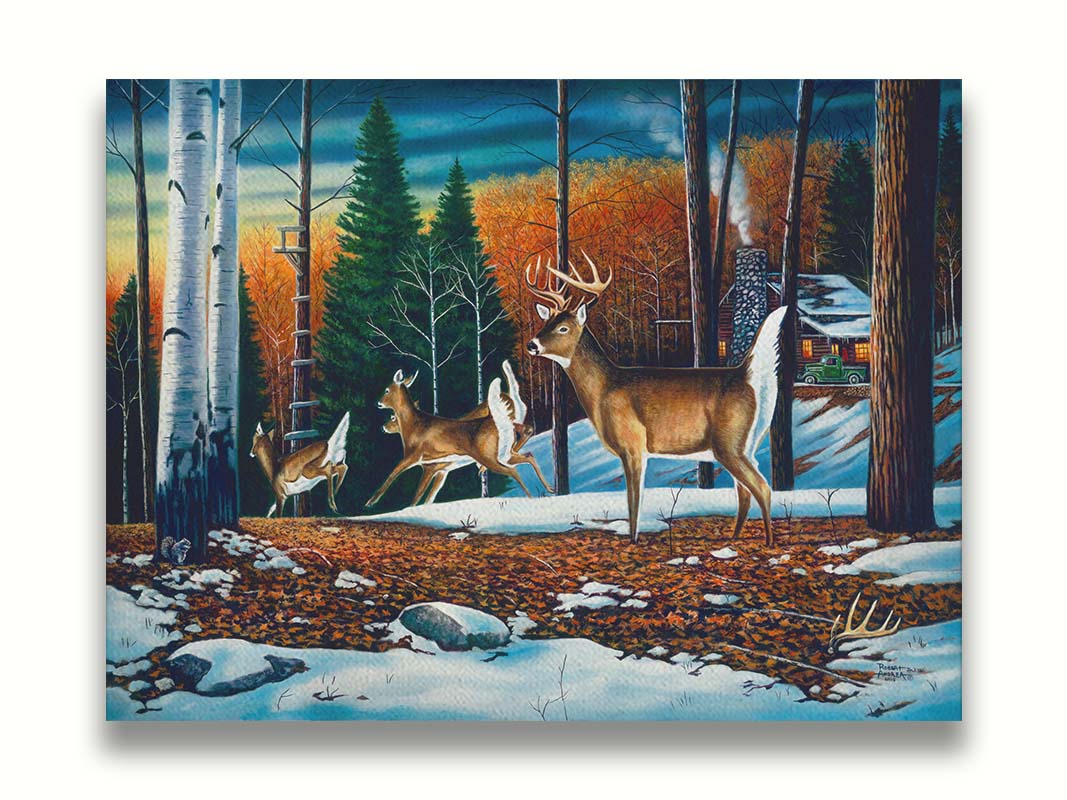 A painting of a group of deer running through the forest. There are snow and leaves on the ground, and a cabin in the distance. Printed on canvas.