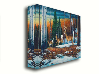 A painting of a group of deer running through the forest. There are snow and leaves on the ground, and a cabin in the distance. Printed on canvas.