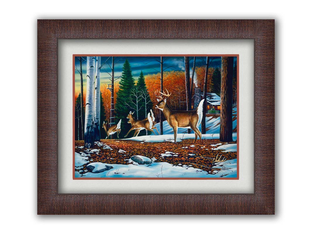 A painting of a group of deer running through the forest. There are snow and leaves on the ground, and a cabin in the distance. Printed on paper, matted, and framed.