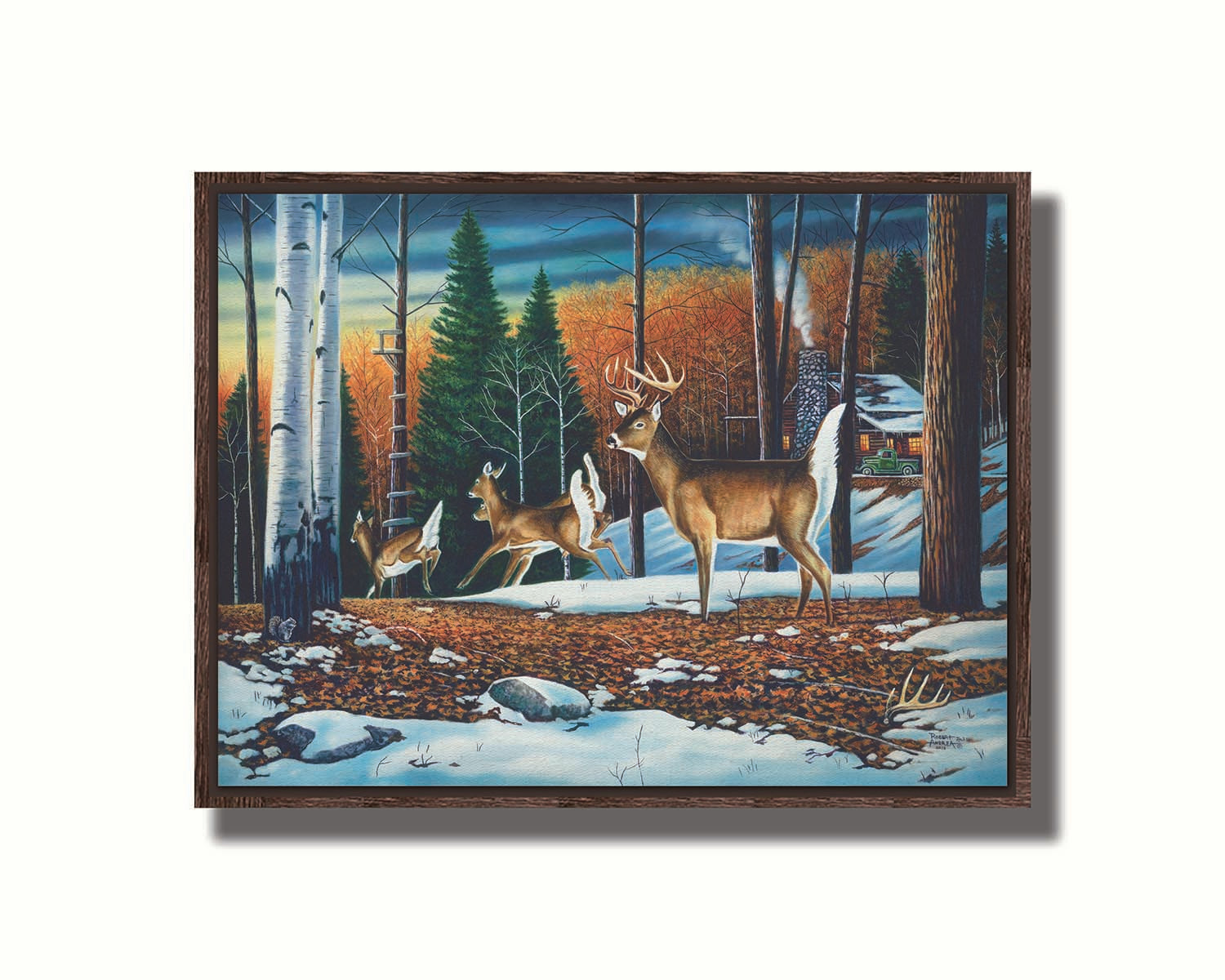 A painting of a group of deer running through the forest. There are snow and leaves on the ground, and a cabin in the distance. Printed on canvas in a float frame.