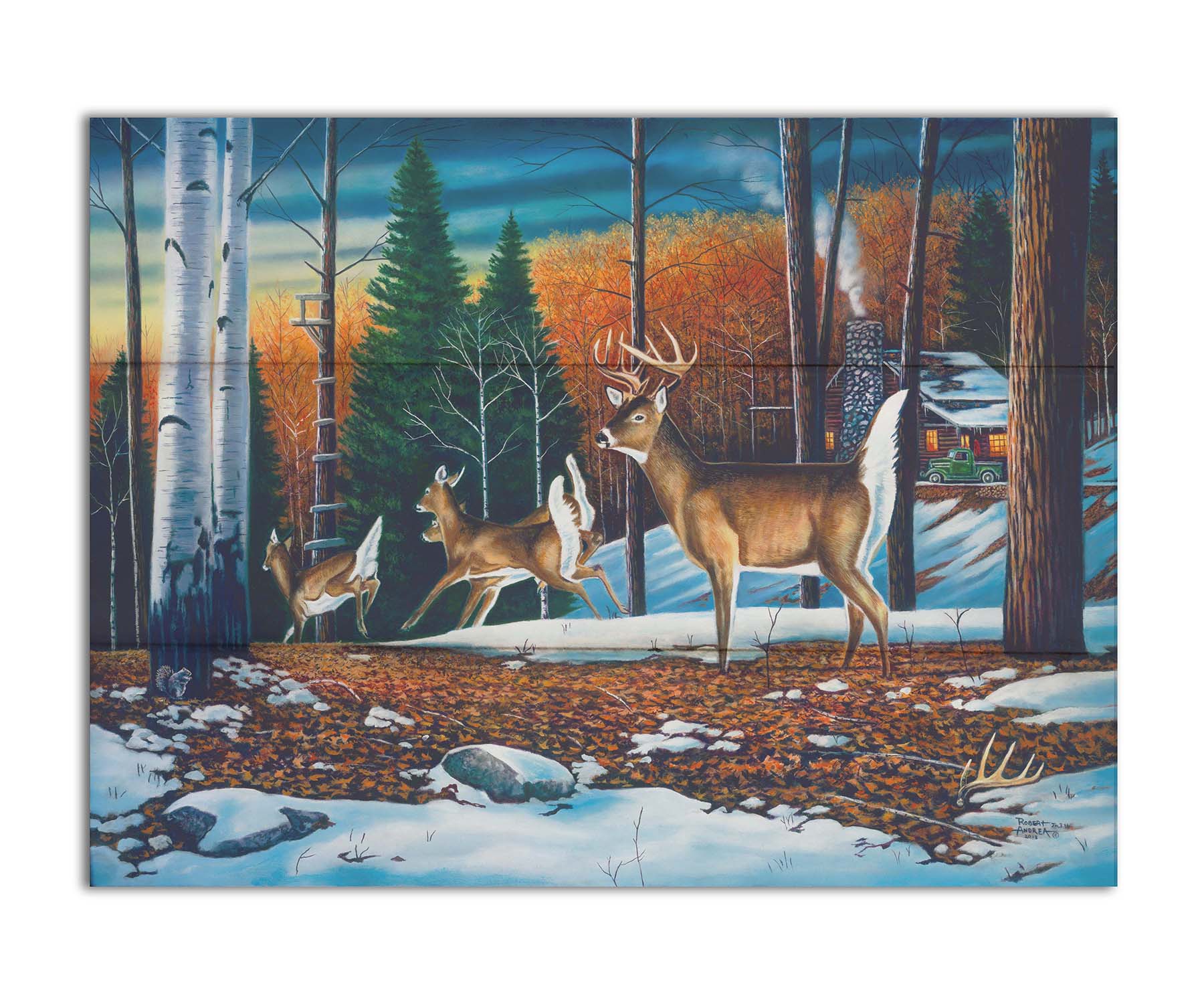 A painting of a group of deer running through the forest. There are snow and leaves on the ground, and a cabin in the distance. Printed on a box board.