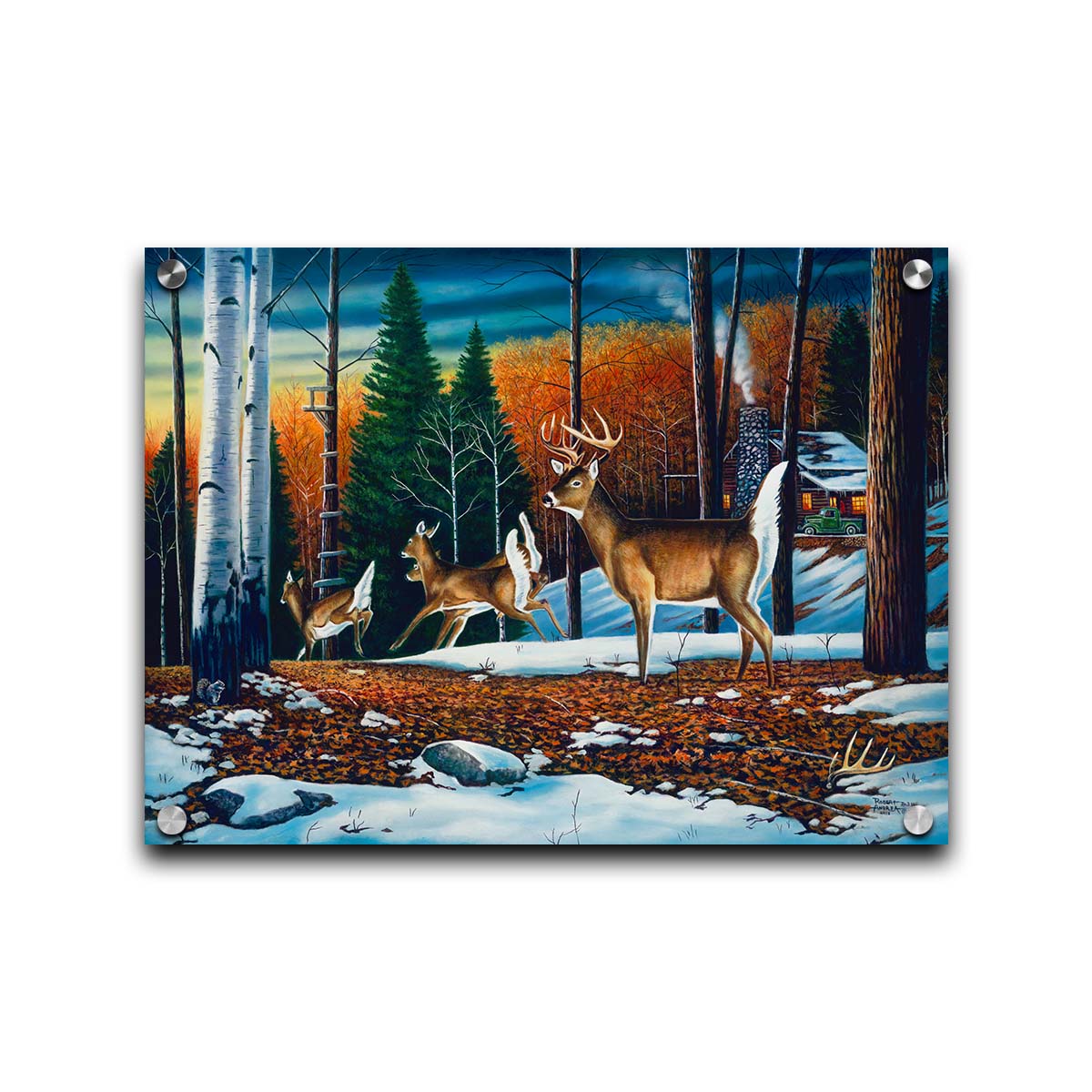 A painting of a group of deer running through the forest. There are snow and leaves on the ground, and a cabin in the distance. Printed on acrylic.