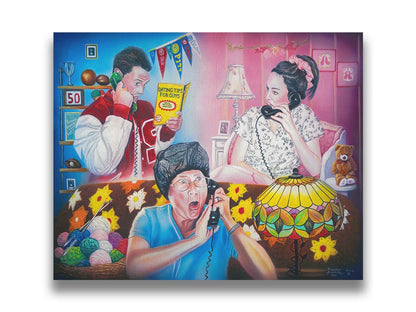 A painting of a parent overhearing a teenager's invitation to the school dance over the phone. Printed on canvas.