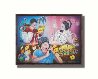 A painting of a parent overhearing a teenager's invitation to the school dance over the phone. Printed on canvas in a float frame.