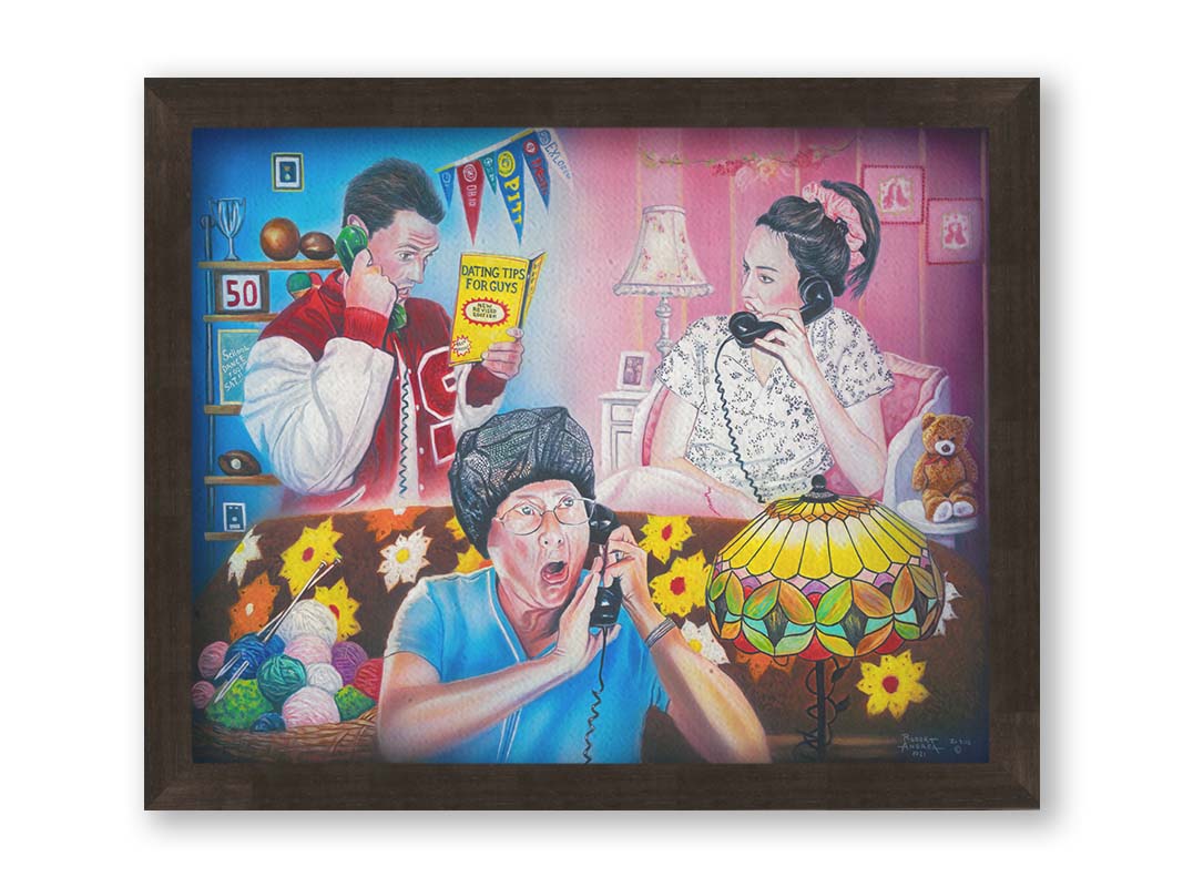 A painting of a parent overhearing a teenager's invitation to the school dance over the phone. Printed on canvas and framed.