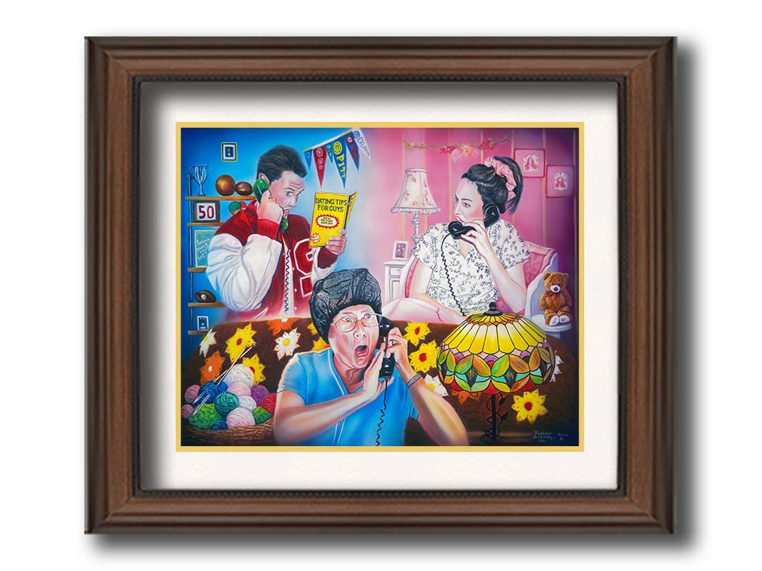 A painting of a parent overhearing a teenager's invitation to the school dance over the phone. Printed on paper, matted, and framed.