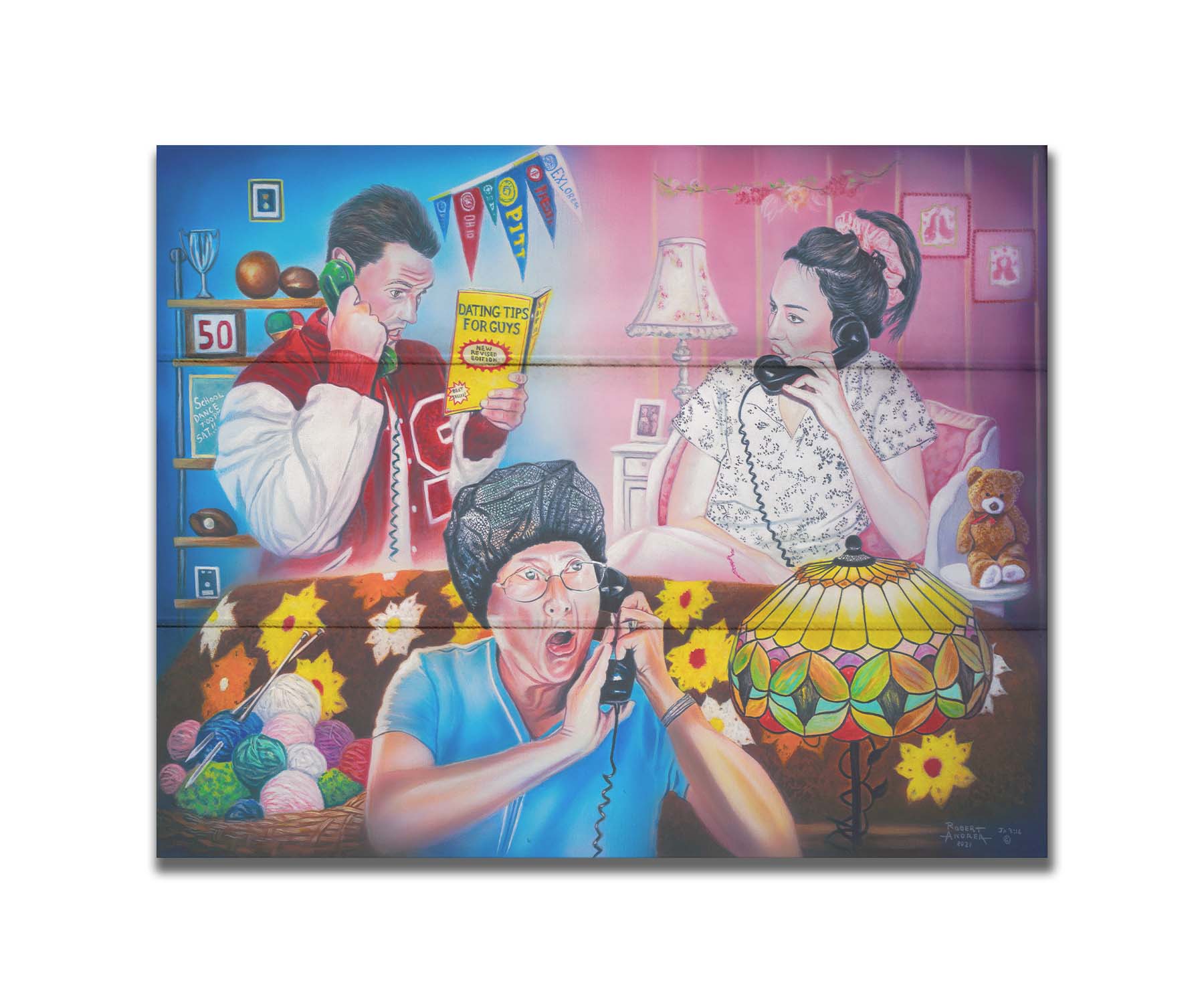 A painting of a parent overhearing a teenager's invitation to the school dance over the phone. Printed on a box board.