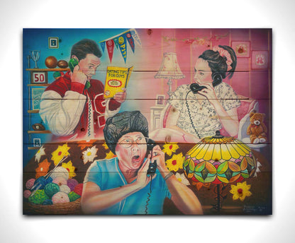 A painting of a parent overhearing a teenager's invitation to the school dance over the phone. Printed on a wood pallet.