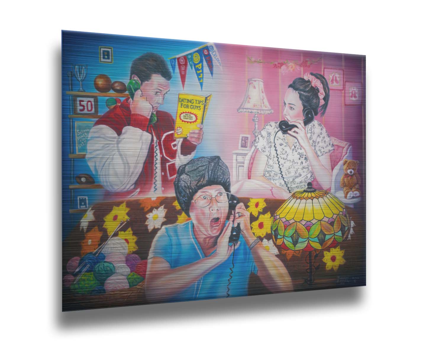 A painting of a parent overhearing a teenager's invitation to the school dance over the phone. Printed on metal.