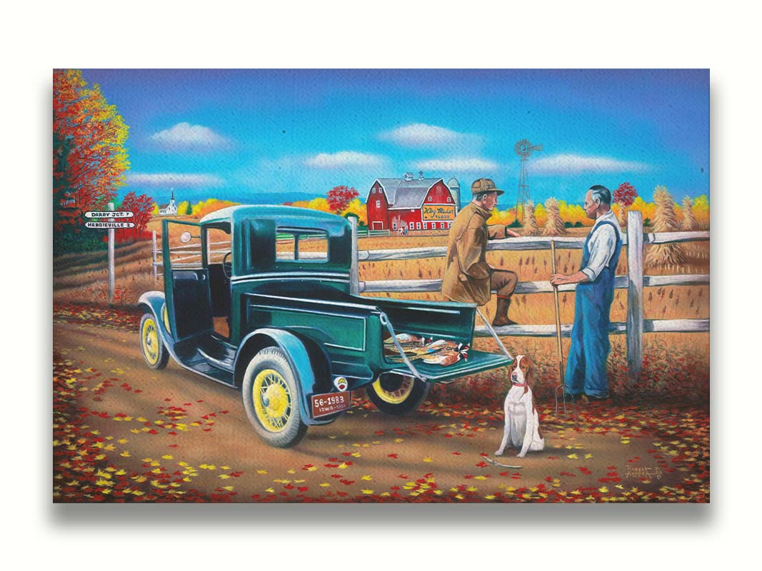 A painting of a pheasant hunter talking to a farmer at the side of the road. His truck has hunted pheasants in the back, and his hunting dog site behind it. Printed on canvas.