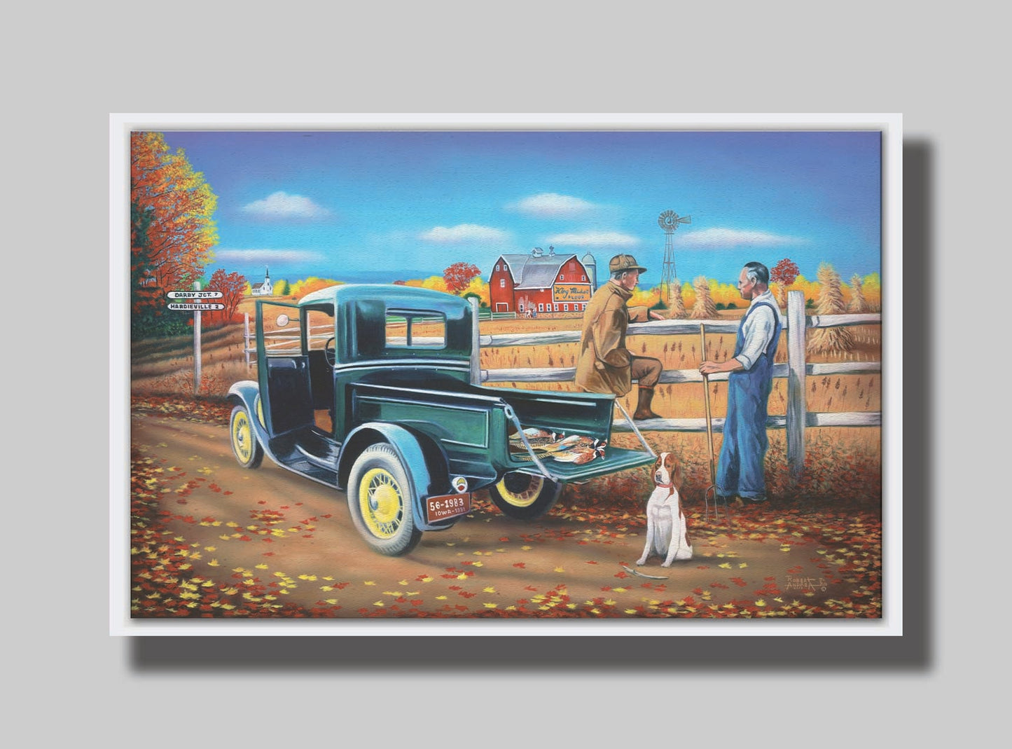 A painting of a pheasant hunter talking to a farmer at the side of the road. His truck has hunted pheasants in the back, and his hunting dog site behind it. Printed on paper, matted, and framed.