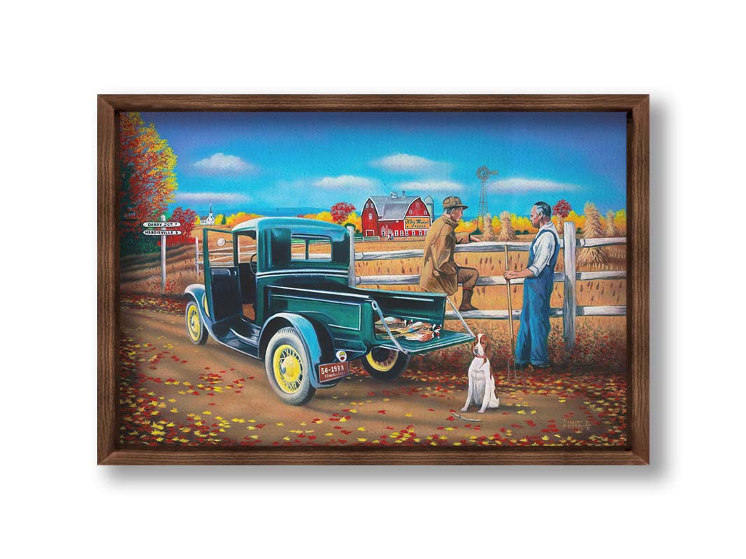 A painting of a pheasant hunter talking to a farmer at the side of the road. His truck has hunted pheasants in the back, and his hunting dog site behind it. Printed on canvas and framed.