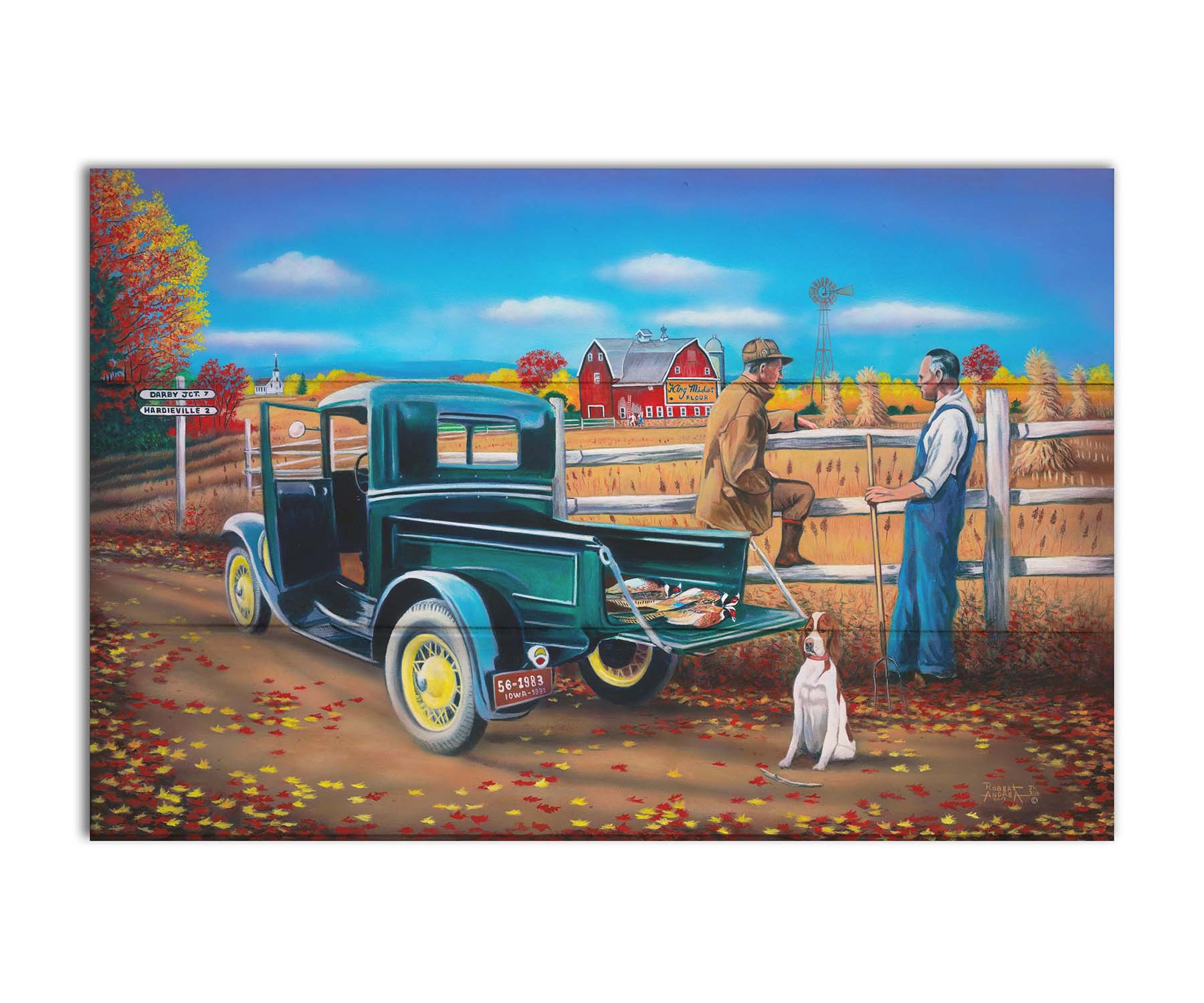 A painting of a pheasant hunter talking to a farmer at the side of the road. His truck has hunted pheasants in the back, and his hunting dog site behind it. Printed on a box board.