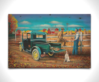 A painting of a pheasant hunter talking to a farmer at the side of the road. His truck has hunted pheasants in the back, and his hunting dog site behind it. Printed on a wood pallet.