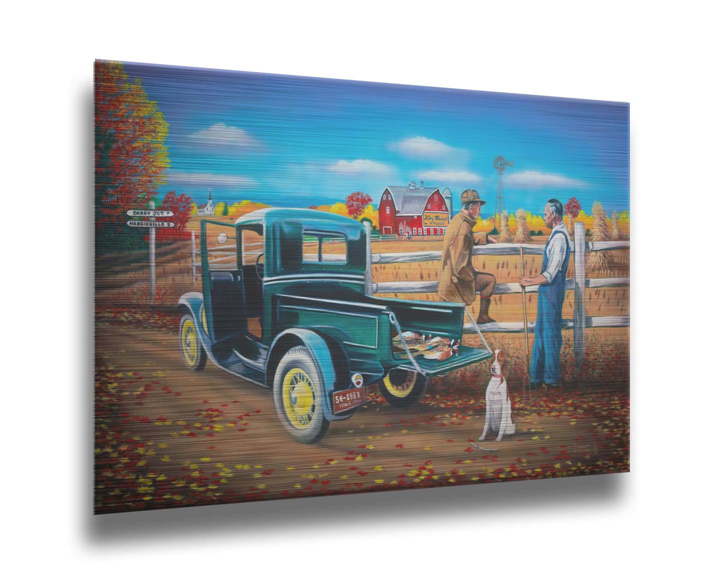 A painting of a pheasant hunter talking to a farmer at the side of the road. His truck has hunted pheasants in the back, and his hunting dog site behind it. Printed on metal.