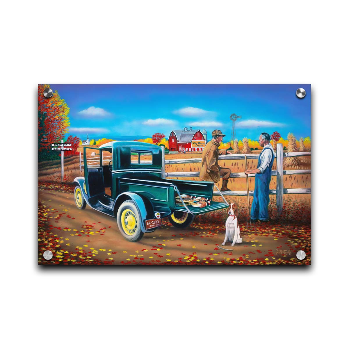 A painting of a pheasant hunter talking to a farmer at the side of the road. His truck has hunted pheasants in the back, and his hunting dog site behind it. Printed on acrylic.