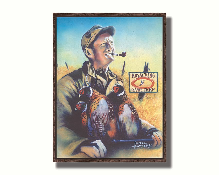 A painting of a hunter holding three dead pheasants. Printed on canvas in a float frame.