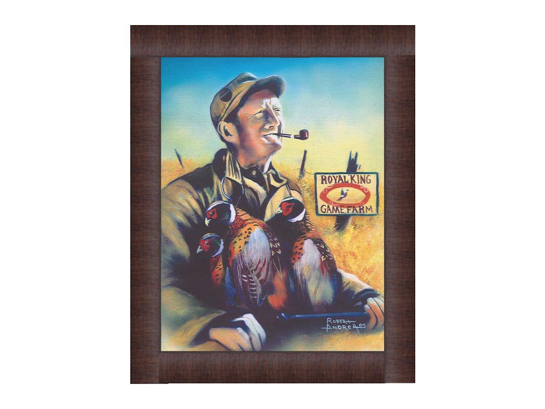 A painting of a hunter holding three dead pheasants. Printed on canvas and framed.