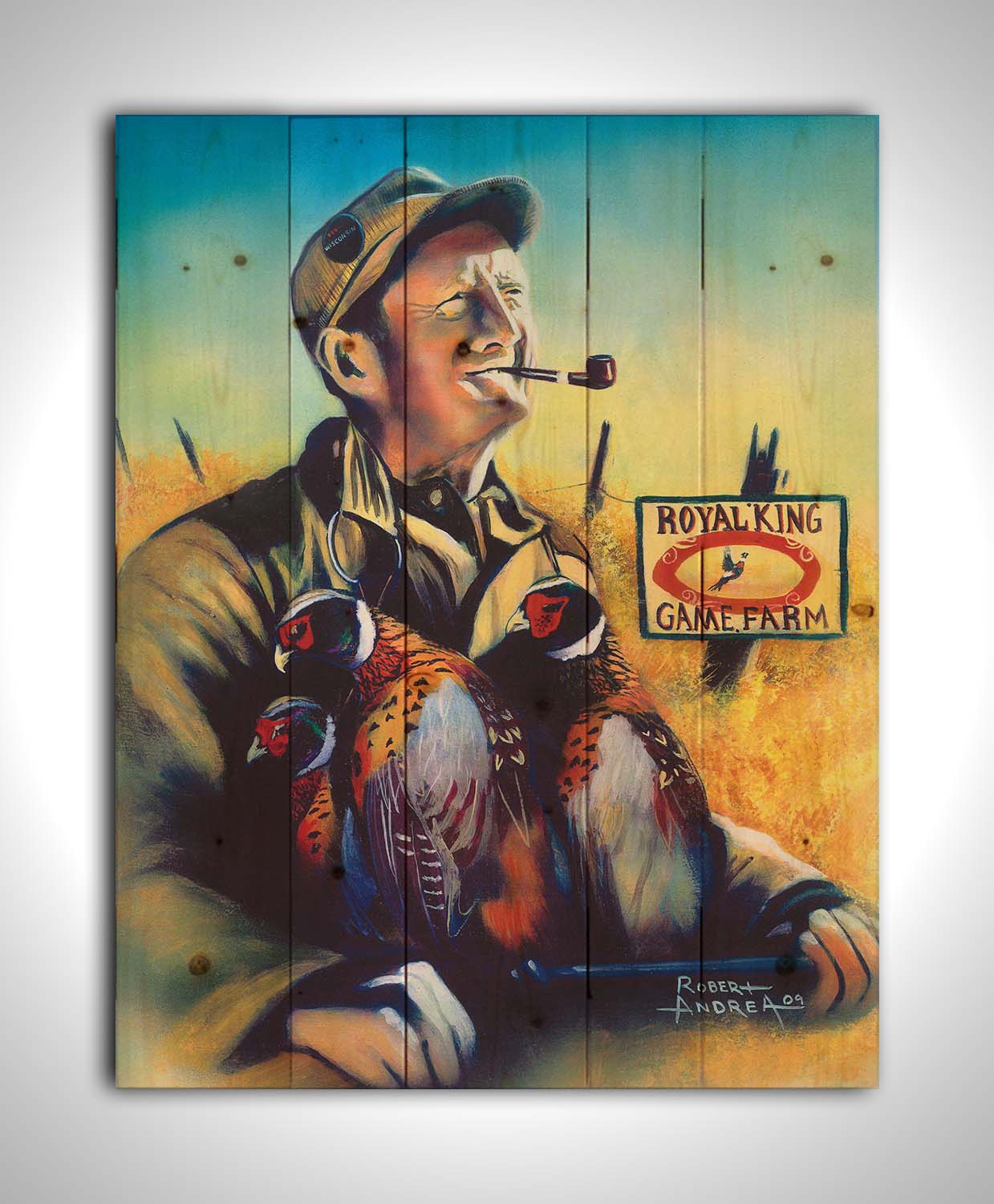 A painting of a hunter holding three dead pheasants. Printed on a wood pallet.