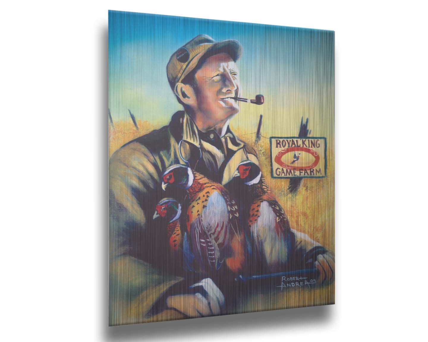 A painting of a hunter holding three dead pheasants. Printed on metal.