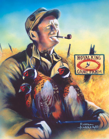 A painting of a hunter holding three dead pheasants.