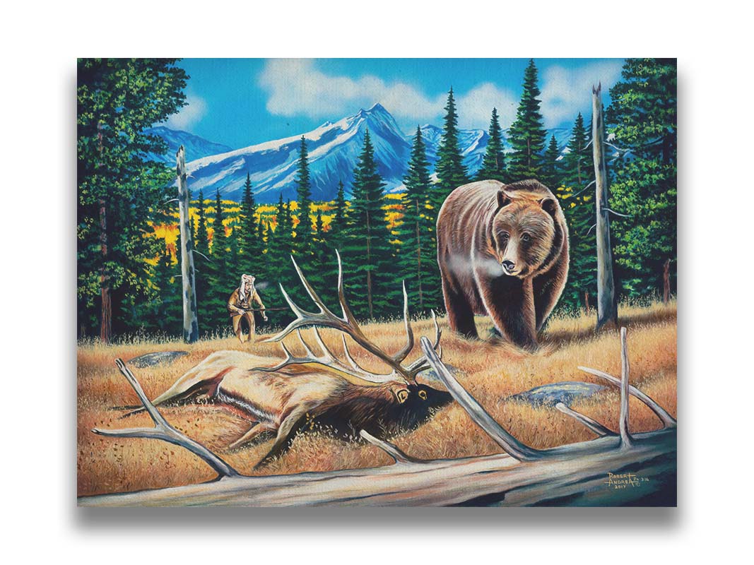 A painting of a bear watching a dead elk in the grasses on a mountainside. A hunter can be seen in the background, making an attempt to sneak up on the scene. Printed on canvas.