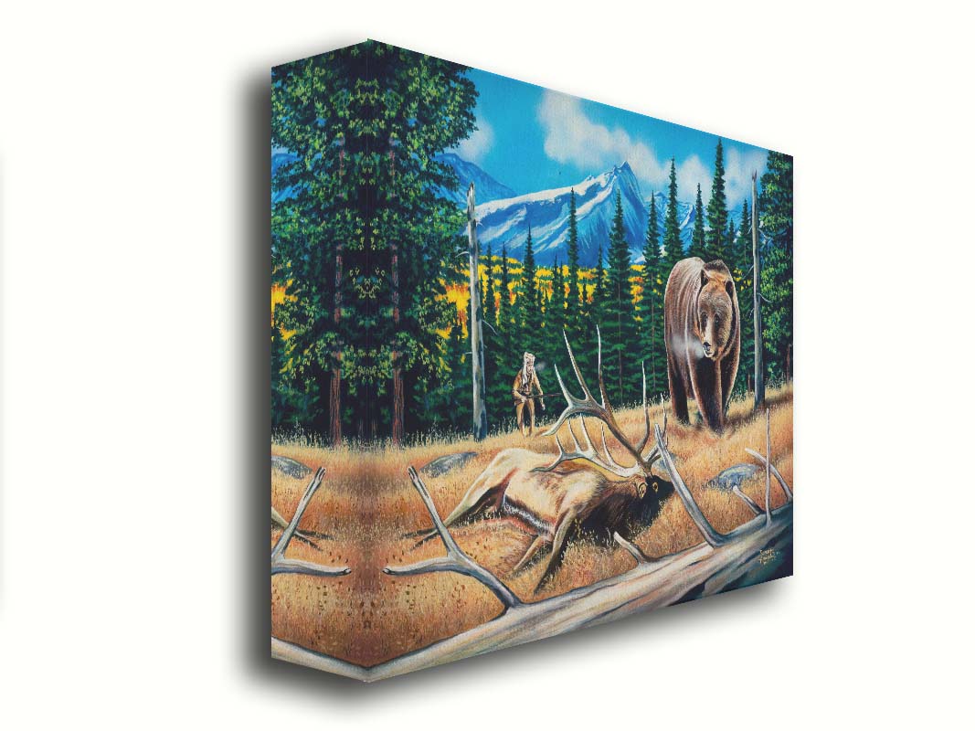 A painting of a bear watching a dead elk in the grasses on a mountainside. A hunter can be seen in the background, making an attempt to sneak up on the scene. Printed on canvas.