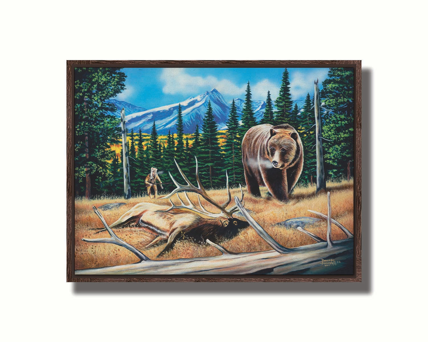 A painting of a bear watching a dead elk in the grasses on a mountainside. A hunter can be seen in the background, making an attempt to sneak up on the scene. Printed on canvas in a float frame.