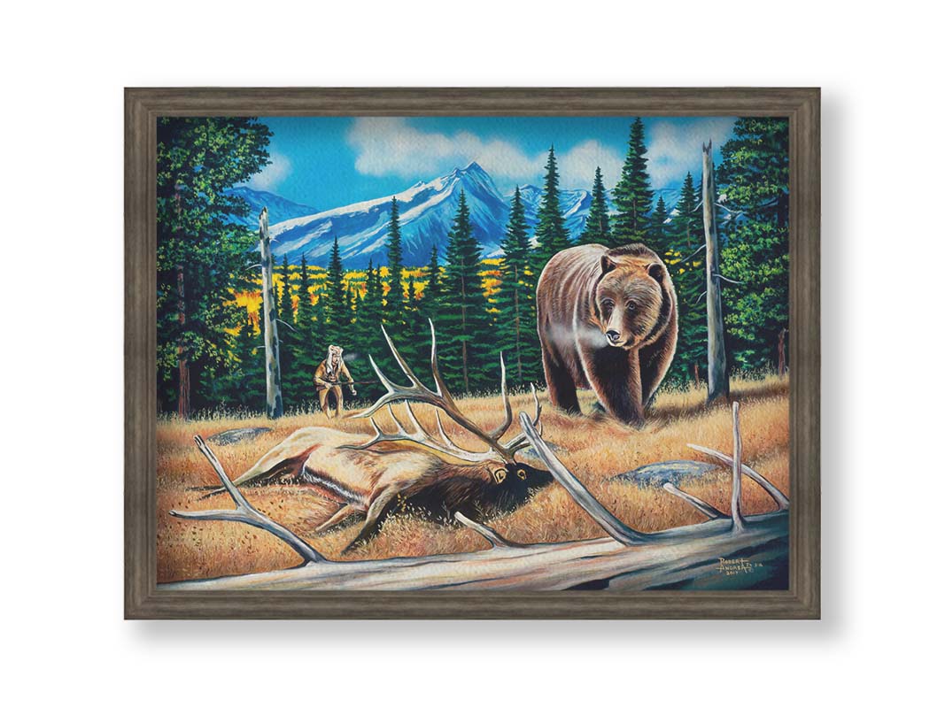 A painting of a bear watching a dead elk in the grasses on a mountainside. A hunter can be seen in the background, making an attempt to sneak up on the scene. Printed on canvas and framed.