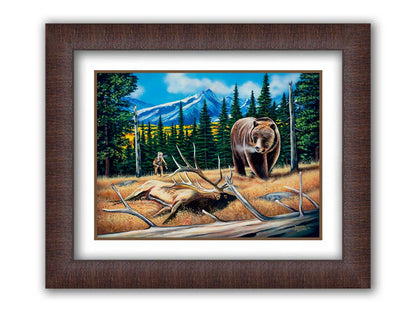 A painting of a bear watching a dead elk in the grasses on a mountainside. A hunter can be seen in the background, making an attempt to sneak up on the scene. Printed on paper, matted, and framed.