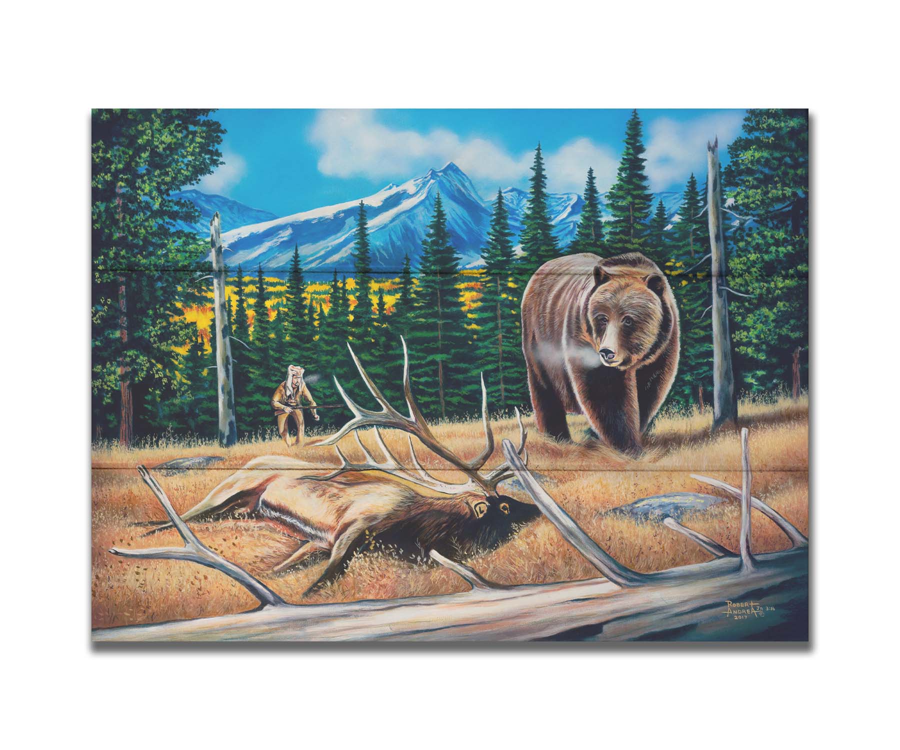 A painting of a bear watching a dead elk in the grasses on a mountainside. A hunter can be seen in the background, making an attempt to sneak up on the scene. Printed on a box board.