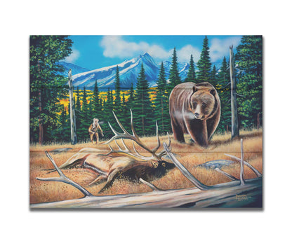 A painting of a bear watching a dead elk in the grasses on a mountainside. A hunter can be seen in the background, making an attempt to sneak up on the scene. Printed on a box board.