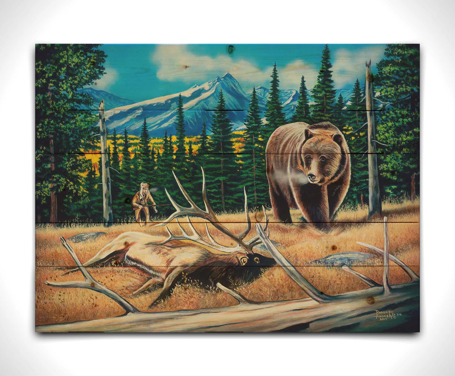 A painting of a bear watching a dead elk in the grasses on a mountainside. A hunter can be seen in the background, making an attempt to sneak up on the scene. Printed on a wood pallet.