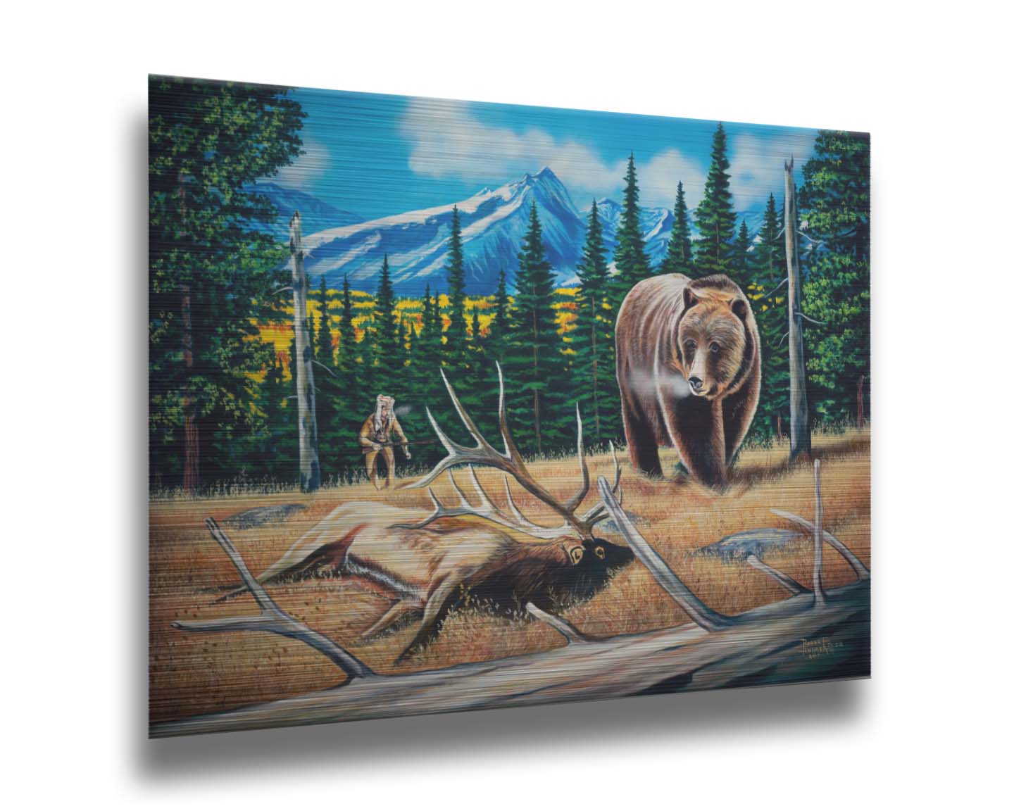 A painting of a bear watching a dead elk in the grasses on a mountainside. A hunter can be seen in the background, making an attempt to sneak up on the scene. Printed on metal.