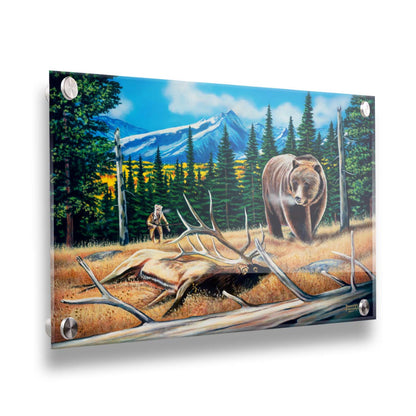 A painting of a bear watching a dead elk in the grasses on a mountainside. A hunter can be seen in the background, making an attempt to sneak up on the scene. Printed on acrylic.