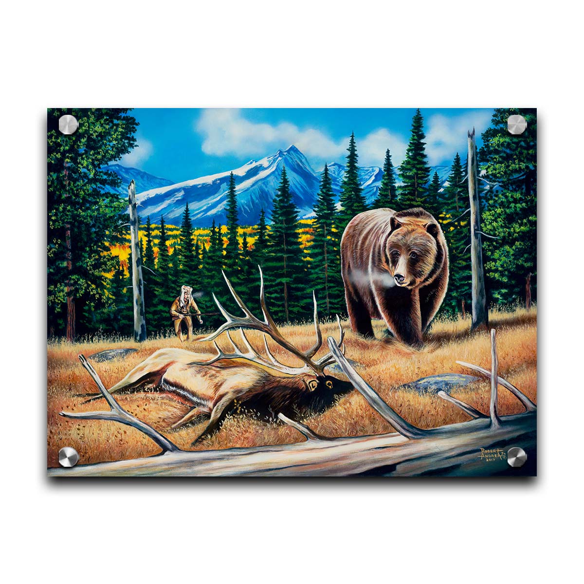 A painting of a bear watching a dead elk in the grasses on a mountainside. A hunter can be seen in the background, making an attempt to sneak up on the scene. Printed on acrylic.