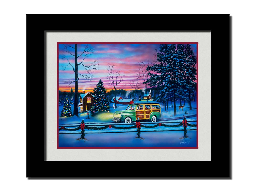 A painting of a snowy town, decorated with Christmas lights. A 1950s family drive past in a car full of presents at sunset. Printed on paper, matted, and framed.