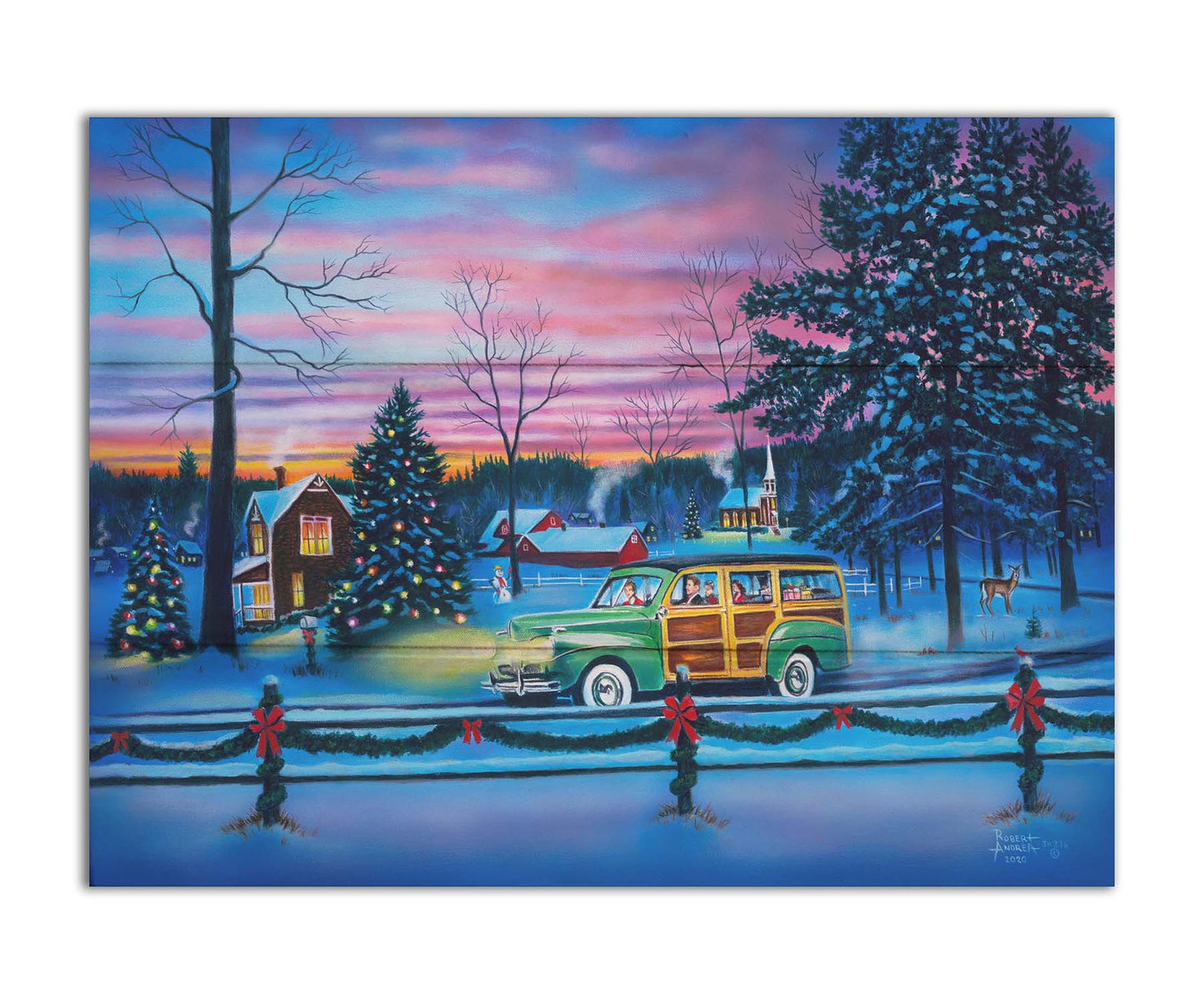 A painting of a snowy town, decorated with Christmas lights. A 1950s family drive past in a car full of presents at sunset. Printed on a box board.