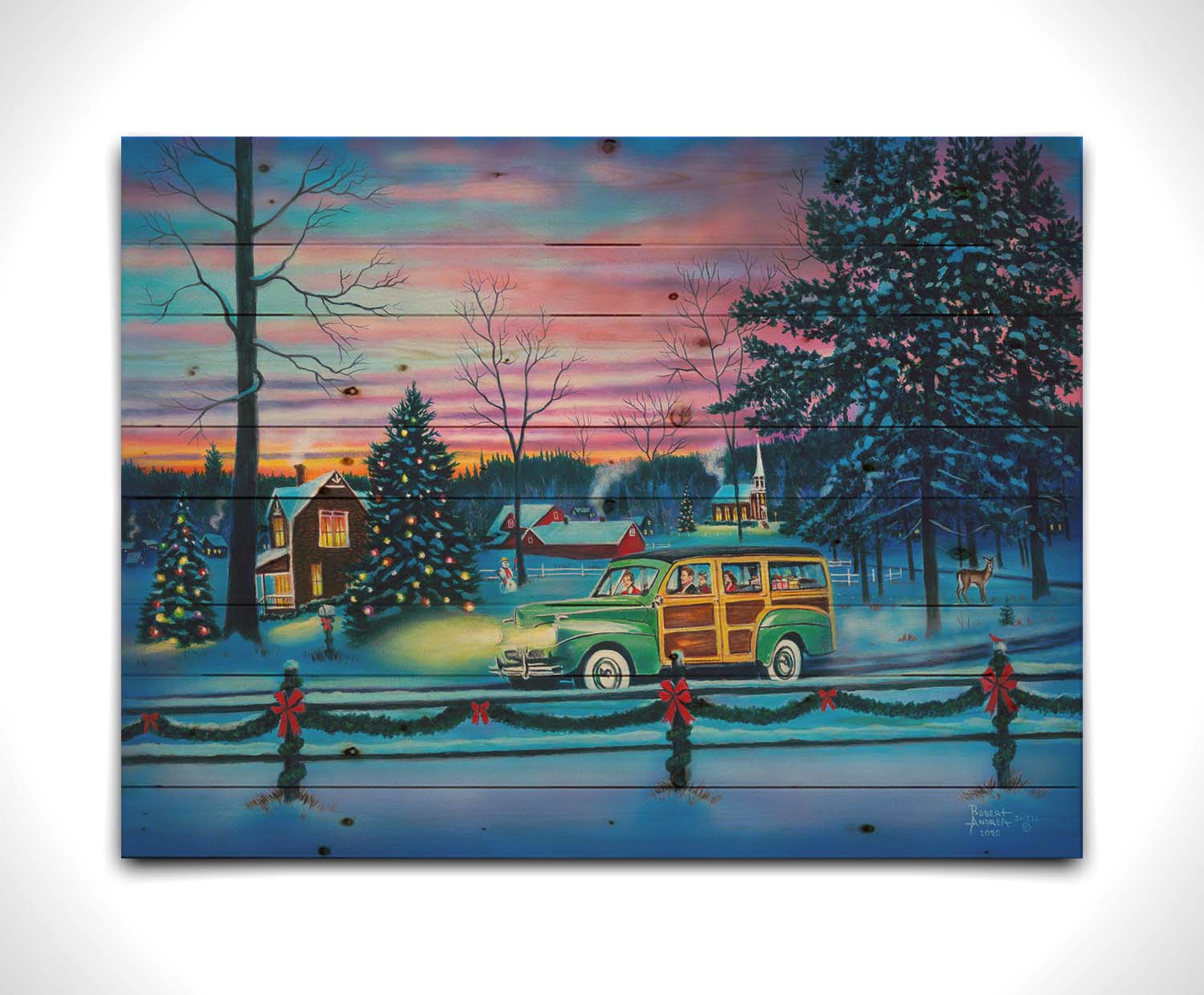 A painting of a snowy town, decorated with Christmas lights. A 1950s family drive past in a car full of presents at sunset. Printed on a wood pallet.