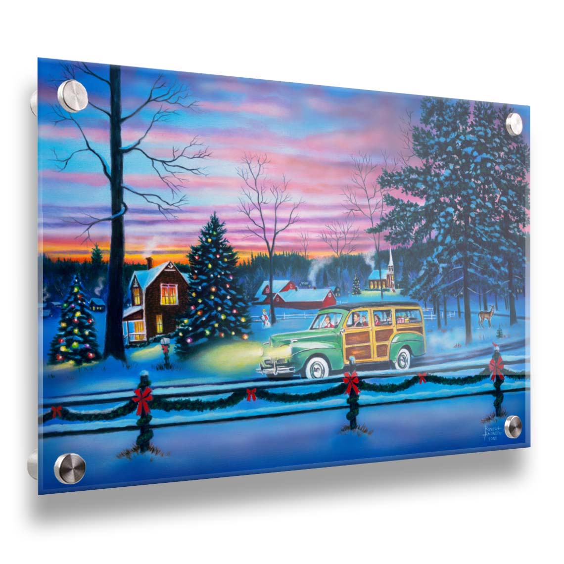 A painting of a snowy town, decorated with Christmas lights. A 1950s family drive past in a car full of presents at sunset. Printed on acrylic.