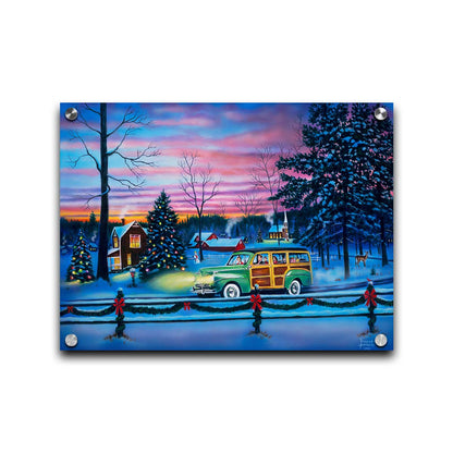 A painting of a snowy town, decorated with Christmas lights. A 1950s family drive past in a car full of presents at sunset. Printed on acrylic.