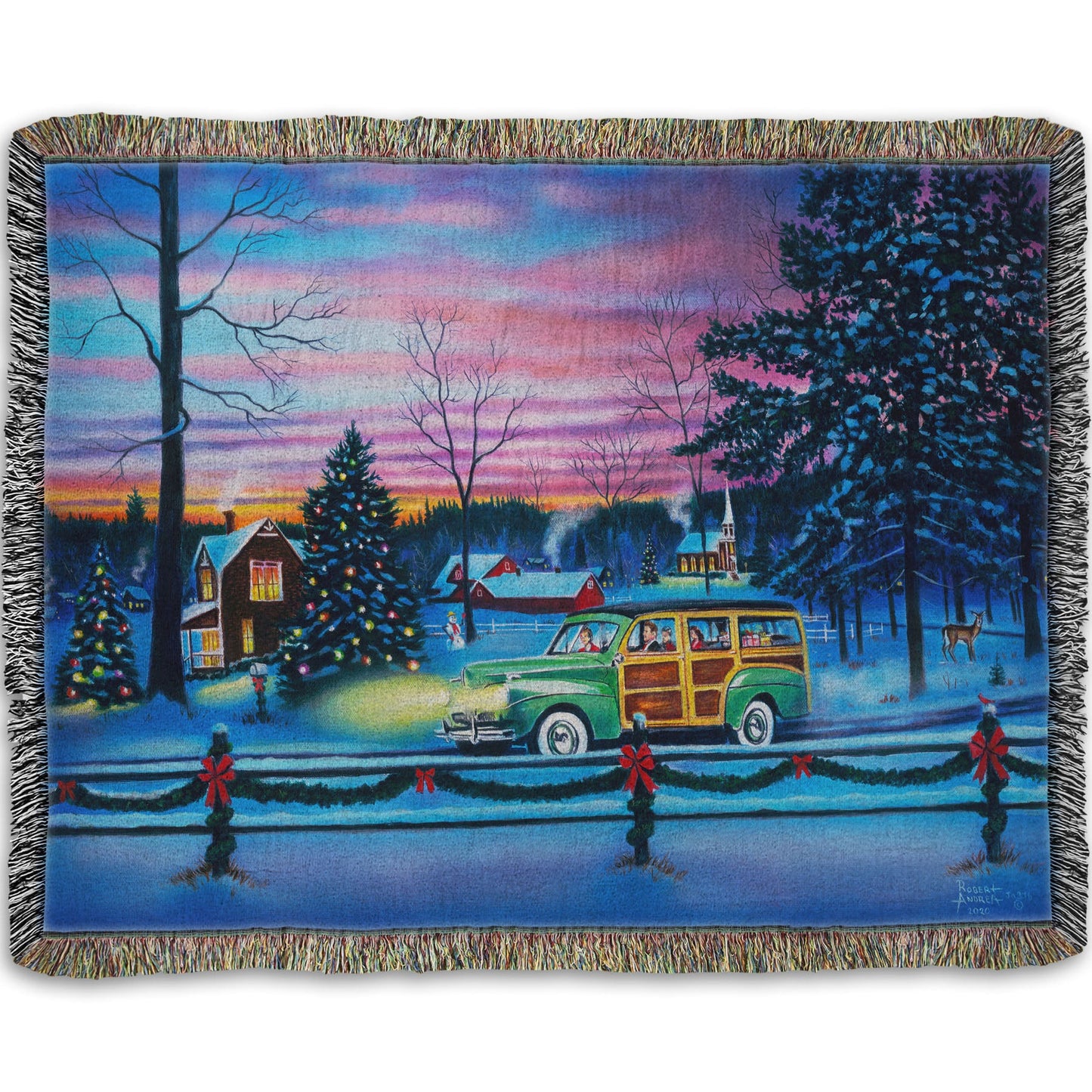 A woven thrown blanket printed with a painting of a snowy town with Christmas lights, where a 1950s family drive past in a car full of presents at sunset.