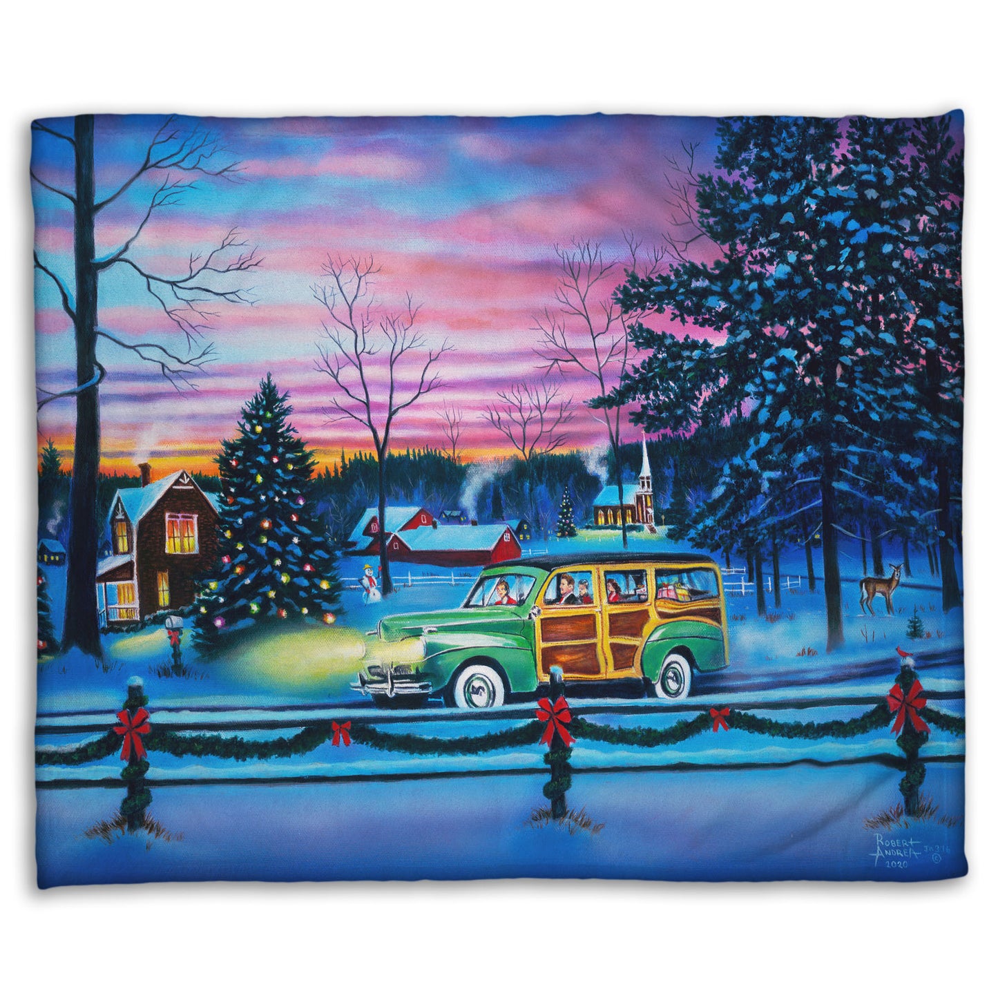 A coral fleece blanket printed with a painting of a snowy town with Christmas lights, where a 1950s family drive past in a car full of presents at sunset.