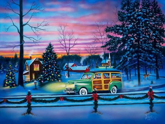 A painting of a snowy town, decorated with Christmas lights. A 1950s family drive past in a car full of presents at sunset.