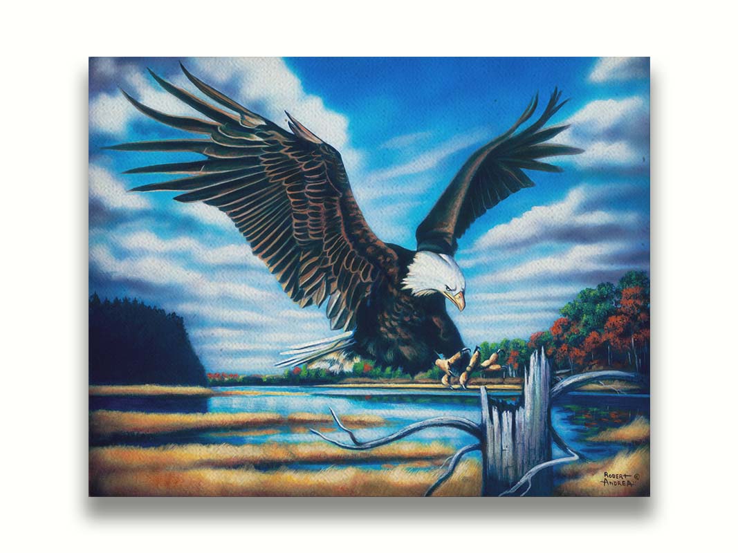 A painting of an eagle landing on a stump in front of a lake. Printed on canvas.