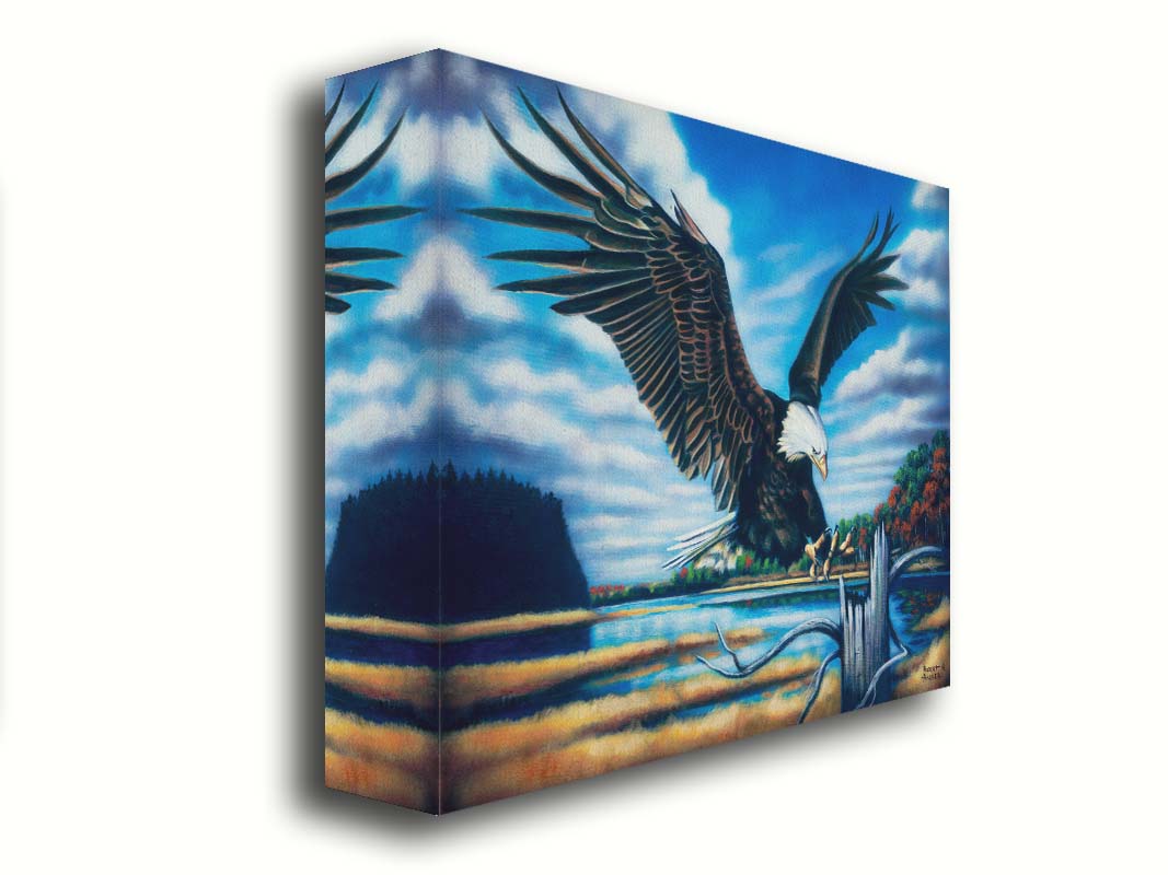 A painting of an eagle landing on a stump in front of a lake. Printed on canvas.