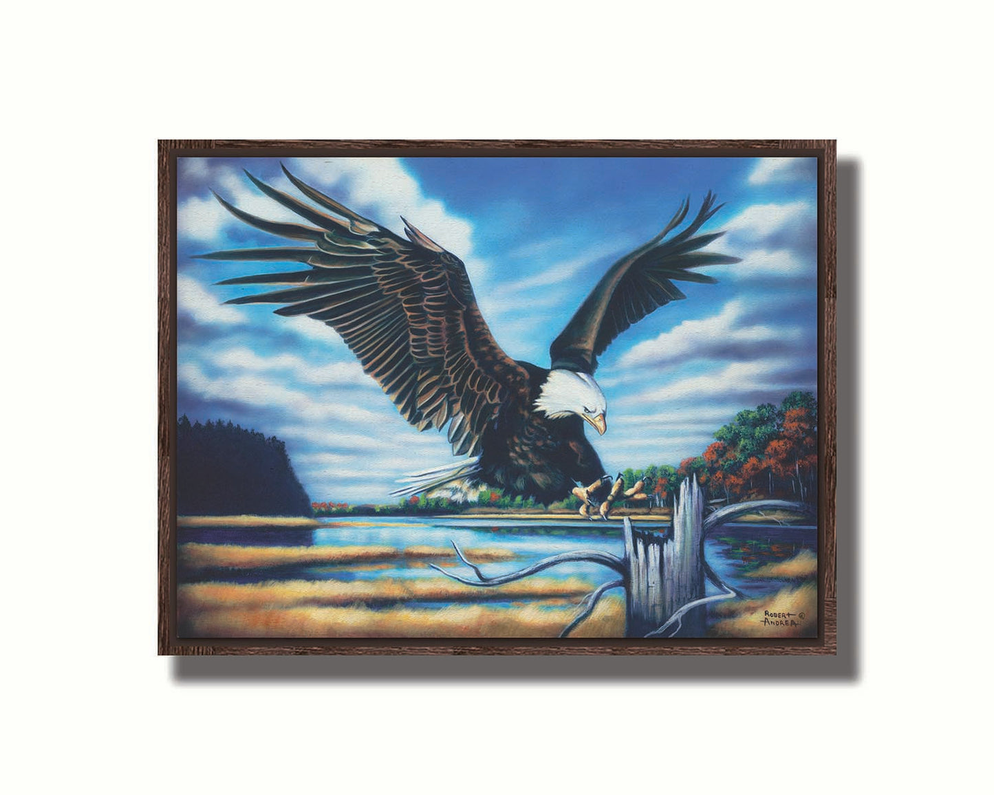 A painting of an eagle landing on a stump in front of a lake. Printed on canvas in a float frame.