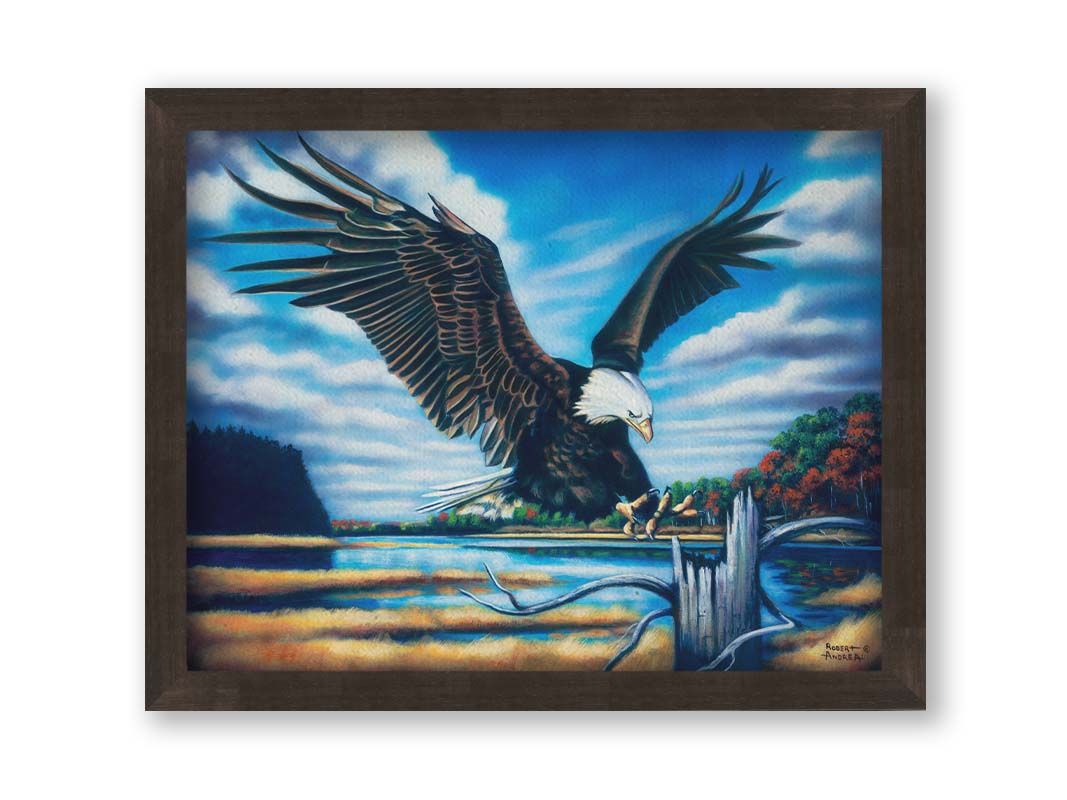 A painting of an eagle landing on a stump in front of a lake. Printed on canvas and framed.