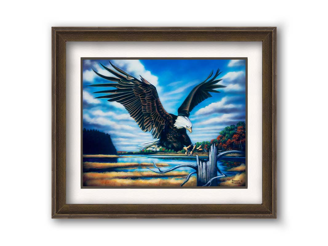 A painting of an eagle landing on a stump in front of a lake. Printed on paper, matted, and framed.